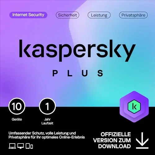 Produktbild: Kaspersky Plus Internet Security 2025 | 10 Geräte | 1 Jahr | Anti-Phishing und Firewall | Unbegrenzter VPN | Passwort-Manager | Online-Banking Schutz | PC/Mac/Mobile | Aktivierungscode per Email
