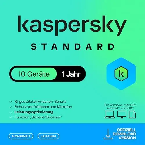 Produktbild: Kaspersky Standard Anti-Virus 2025 | 10 Geräte| 1 Jahr | Umfassender Schutz | Online-Banking Schutz | Leistungsoptimierung | PC/Mac/Mobile | Aktivierungscode per Email