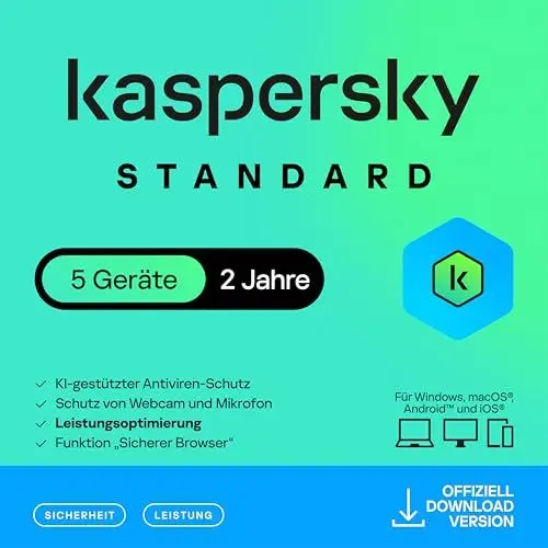 Produktbild: Kaspersky Standard Anti-Virus 2025 | 5 Geräte | 2 Jahre | Umfassender Schutz | Online-Banking Schutz | Leistungsoptimierung | PC/Mac/Mobile | Aktivierungscode per Email