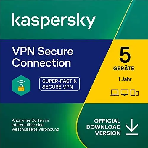Produktbild: Kaspersky VPN Secure Connection | 5 Geräte | 1 Benutzerkonto | 1 Jahr | PC / Mac / Android / iOS | Aktivierungscode per Email