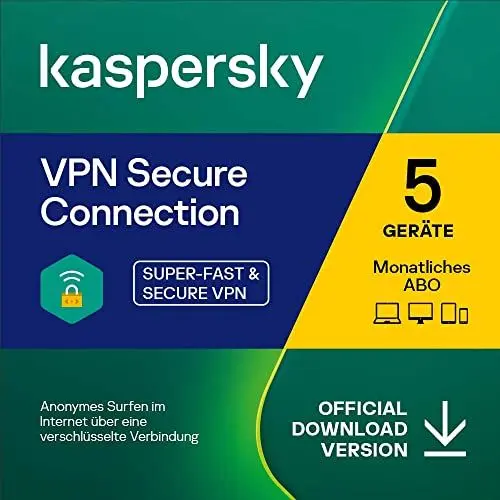 Produktbild: Kaspersky VPN Secure Connection | 5 Geräte | 1 Benutzerkonto | Monatliches Abo | PC/Mac/Android/iOS | Aktivierungscode per Email