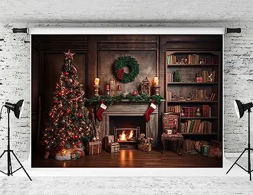 Produktbild: Kate 2.2x1.5m Weihnachten Kamin Kulisse Retro Weihnachtskugeln Weihnachtsbaum Socke Geschenk Dekorationen für Fotografie Hintergrund Heiligabend Fotostudio Requisiten Kulissen