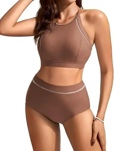 Produktbild: Kate Kasin Damen-Bademode, Neckholder-Crop-Top, hohe Taille, Bikini-Set, gepolsterte Schwimmoberteile, ausgehöhlter Rücken, Zweiteiliger Strandkleidung, Braun, XL