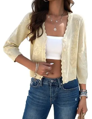 Produktbild: Kate Kasin Damen Bolero Kurze Strickjacke 3/4 Ärmel Cardigan Elegante Jacke Stricken V-Ausschnitt mit Knopf Aprikose XL
