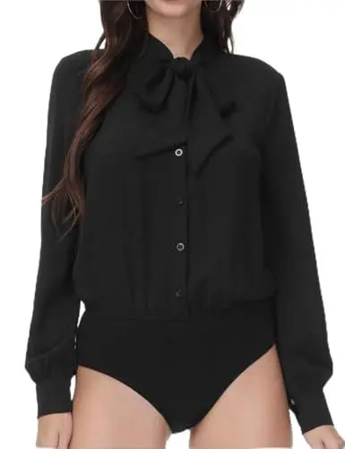 Produktbild: Kate Kasin Damen Casual Seidenbluse Langarm Bluse mit Bow-Knot Daily Büro Schwarz 2XL