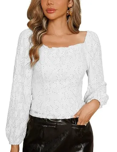 Produktbild: Kate Kasin Damen Elegant Spitzen Oberteil Casual Einfabrig Langarmshirt Party Clubwear Weiß L