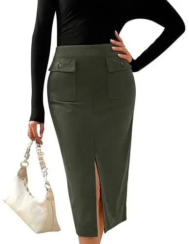 Produktbild: Kate Kasin Damen Hohe Taille Bodycon Röcke Basic Midi Rock Seitenschlitz Grün XL