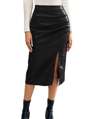 Produktbild: Kate Kasin Damen Mini-A-Linie Bleistiftrock Lederrock Mit Hoher Taille Schlitz Geeigne Schwarz XL