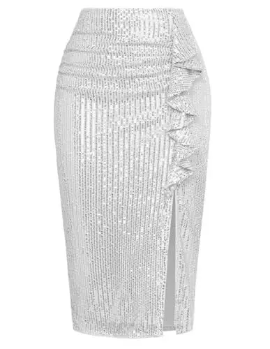 Produktbild: Kate Kasin Damen Pailletten Rock Hohe Taille Bleistiftrock Bodycon Midi Skirt mit Schlitz Silber L