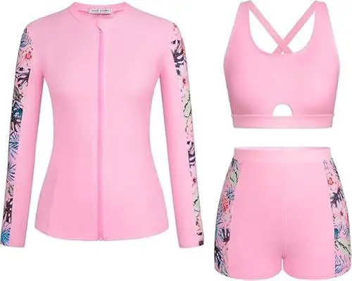 Produktbild: Kate Kasin Damen Rash Guard Badeanzug Set Zip Up Mantel gepolstert Sport-BH Boyshorts für Strand Schwimmen Pink Leaves L