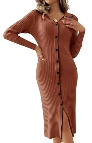 Produktbild: Kate Kasin Damen Strickkleid Langes Midikleid Party Kleid V Ausschnitt für Herbst Winter Täglich Orange M