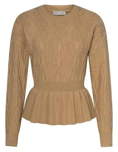 Produktbild: Kate Kasin Damen Strickpullover Elegante Pullover Langarm Herbst Strickpullover Rundhalsausschnitt Rüschensaum Casual Strickpullover Top Sweateshirt Tunika Oberteile Kamel L