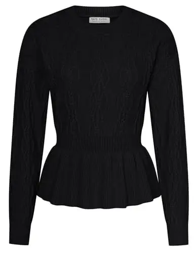 Produktbild: Kate Kasin Damen Strickpullover Elegante Pullover Langarm Herbst Strickpullover Rundhalsausschnitt Rüschensaum Casual Strickpullover Top Sweateshirt Tunika Oberteile Schwarz L