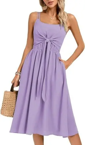 Produktbild: Kate Kasin Damen lässiges Boho-Midikleid, ärmellos, Doppelträger, quadratischer Ausschnitt, selbst zu bindende Überlage, gesmoktes Rückenteil, A-Linien-Sommerkleid mit Taschen, Lila M