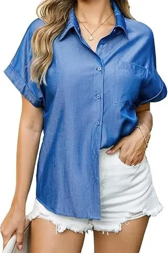 Produktbild: Kate Kasin Kurzarm-Blusen für Frauen Loose Fit Reverskragen Tops Button Down Shirts Hellblau L