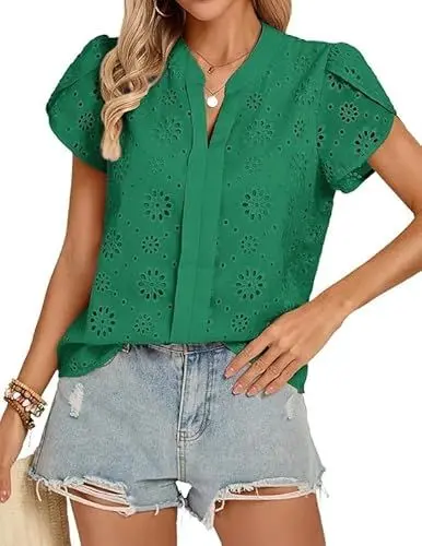 Produktbild: Kate Kasin Women's Casual Eyelet Top Short Petal Sleeve V-Neck Pullover Bluse Floral Lace Embroidered Shirt Grün S