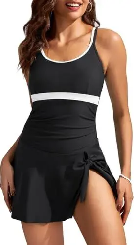 Produktbild: Kate Kasin Women's One Piece Swimdress U-Neck Cross Back Bathing Suit Ruched Tummy Control Skirted Swimsuit with Built-in Briefs Black L