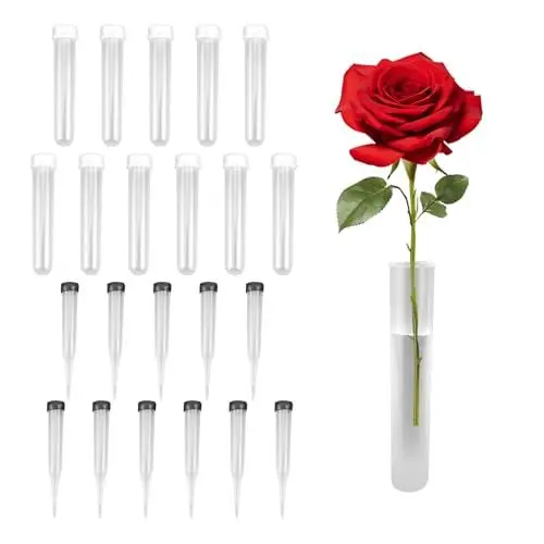 Produktbild: KATIMI 22 Stück Reagenzgläser für Blumen, Transparent Blumenröhrchen Kunststoff, 11 × 1.8 cm Reagenzglas Vase mit Silikon Deckel, Orchideenröhrchen für Blumenarrangements Dekoration