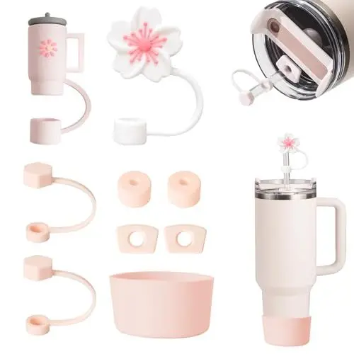 Produktbild: KATIMI 9 Stück Zubehör Set für Stanley Cup, Inklusive 6 Auslaufsichere Silikonstopfen, 2 Strohhalm Abdeckung für 9-10 mm Strohhalme, 1 Rosa Becherhülse, Accessories für Stanley Quencher