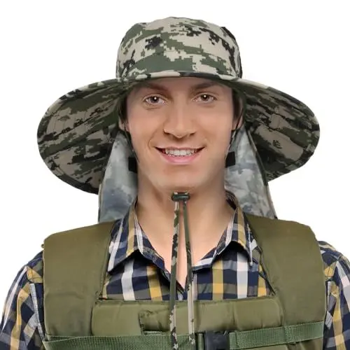 Produktbild: Kato Tirrinia Breite Krempe Sonnenhut Wanderhut Fischerhüte Herren, Safari Hut Anglerhut Herren mit Nackenklappe, Sonnenschutz UPF 50+ UV Schutz Kopf Hut für Outdoor Atmungsaktiv Winddicht, Tarnung