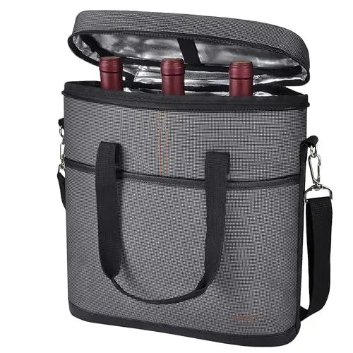 Produktbild: Kato Tirrinia Flaschentasche für 3 Flaschen Kühltasche Weinkühltasche Waschbar mit isoliert,Griff & Schultergurt, Tragetasche Flasche Transport für Wein Bier für Picknick, BBQ, Camping, Strand, Grau