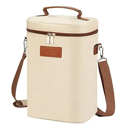 Produktbild: Kato Tirrinia Flaschentasche für 4 Flasche Kühltasche Isolierter Weintasche Tragbarer Weinkühltasche mit Riemen für Picknick Party BYOB Restaurant Weinprobe Beige 21×18×31 cm