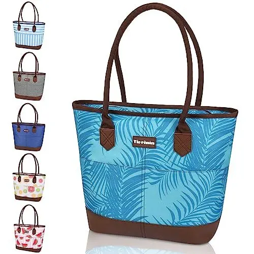 Produktbild: Kato Tirrinia Faltbar Kühltasche Groß mit Wasserdichte Isolierte 20L, Gross Einkaufstasche Isoliertasche Tote Tasche mit Reißverschluss, Ideale Thermotasche Picknicktasche Lunchtasche, Blaues Blatt