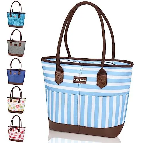 Produktbild: Kato Tirrinia Gross Kühltasche Wasserdichte Isolierte 20L, Einkaufstasche Faltbar mit Reißverschluss, Isoliertasche Tote Tasche für Picknick Strand auto Lunchtasche, Hellblau gestreift