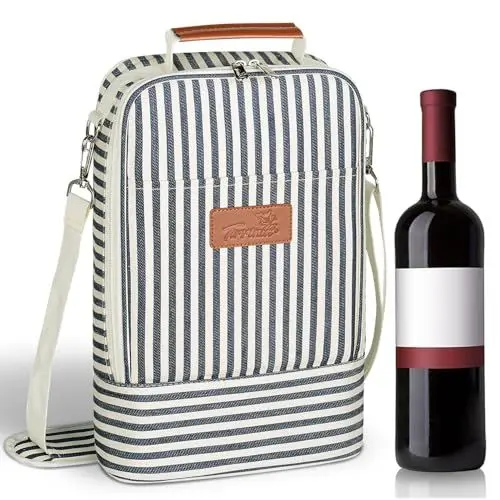 Produktbild: Kato Tirrinia Klein Kühltasche Rucksack Weintasche für Flaschen, Flaschentasche 2 Flaschen Flaschenkühltasche Weinflasche Tasche Handtasche Bier Kühler, Wine Cooler Bag Beach Camping Picnic, Streifen