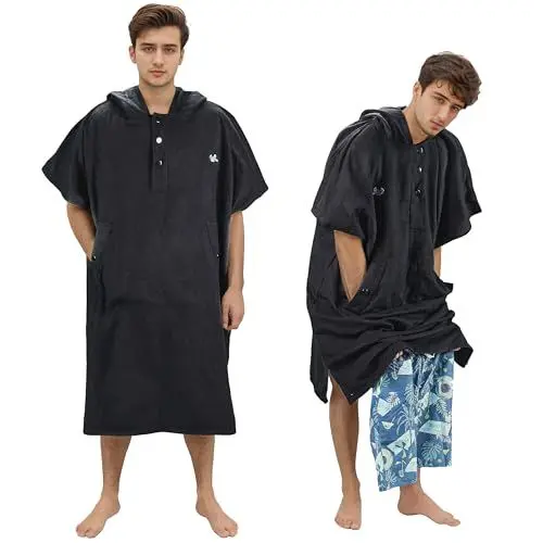 Produktbild: Kato Tirrinia Surf Poncho Umziehhilfe Strand für Damen Herren, Mikrofaser Badeponcho mit Kapuze & Tasche, Handtuch Poncho als Umziehhilfe für Surfer Schwimmen Camping Sauna Baden, S/M, Schwarz