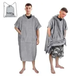 Produktbild: Kato Tirrinia Surf Poncho mit Tasche, Mikrofaser Badeponcho Damen Herren, Strand Umziehhilfe Poncho mit Kapuze Absorbent Changing Handtuch für Schwimmen Wassersport Sauna, Grau