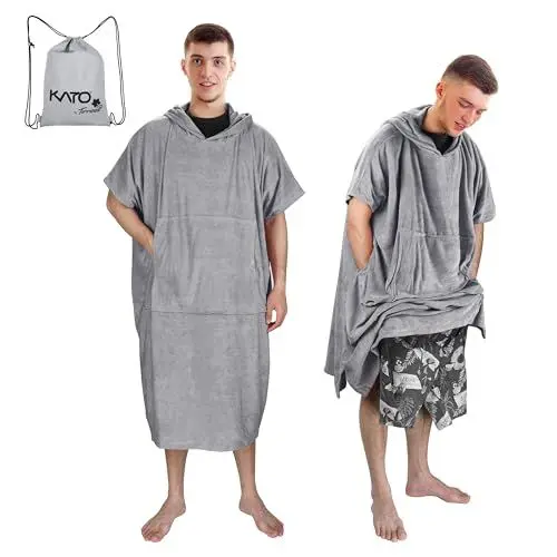 Produktbild: Kato Tirrinia Surf Poncho mit Tasche, Mikrofaser Badeponcho Damen Herren, Strand Umziehhilfe Poncho mit Kapuze Absorbent Changing Handtuch für Schwimmen Wassersport Sauna, Grau