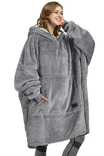 Produktbild: Kato Tirrinia Übergroße Warme Hoodie Sweatshirt Decke, Weiche Flanell Damen Deckenpullover, Komfortable Kapuzenpullover, Gemütlich Geschenke Decke für Erwachsene, Männer, Frauen, Teenager, Aschgrau