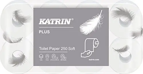 Produktbild: Katrin Toilettenpapier 3 lagig, Klopapier, WC Papier– Katrin Plus Toilet 250 SOFT – 9 x 8 Rollen, sehr weich, weiß