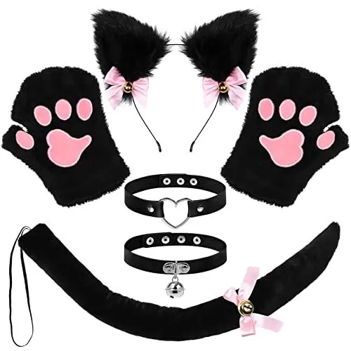 Produktbild: FRCOLOR Katze Cosplay Set Katzenohren und Schwanzset -Kostüm-Set Ohren, Stirnband und Schwanzkragen, Pfoten, , Cosplay-Halloween-Kostüm für Kinder und Erwachsene