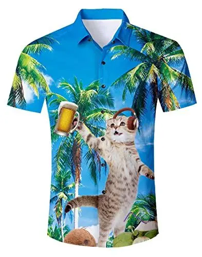 Produktbild: Katze Hawaiihemd Herren Funky Hawaii Hemd Baumwolle Button Down Lustig Hemd Bunt Männer Kurzarm Aloha Sommerhemd Freizeithemd für Strandurlaub Beige Blau M
