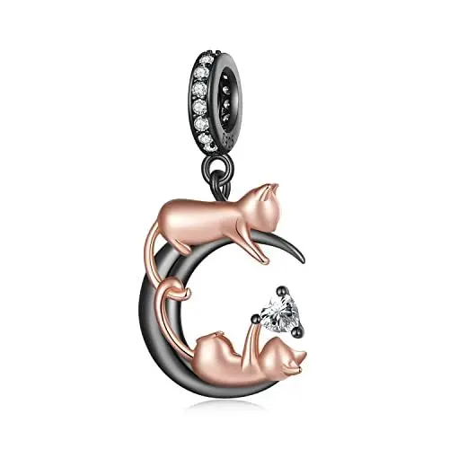 Produktbild: Katze Mond Anhänger Charms für Pandora Armbänder, 925 Sterling Silber Schwarz plattiert Herz Charms, Schmuck Geschenk für Frauen Mädchen
