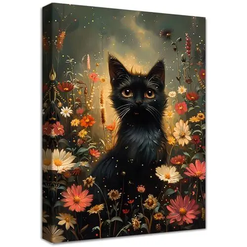 Produktbild: Katze im Garten Blumen Leinwand Bilder Mit Rahmen Schwarzes Kätzchen Bunte Blumen Bild auf Leinwand Malerei Pictures Wandbilder Wohnzimmer Schlafzimmer Badezimmer Halloween Wanddekoration 30x40cm