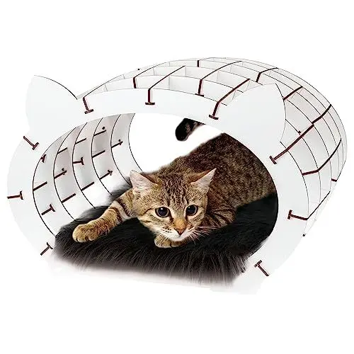 Produktbild: Katzen Haus Modellbau – Katzen Bett Holzpuzzle Erwachsene & Kinder – weißes Haus mit schwarzem Fell Katzen Höhle Rätsel Geschenkbox – 3D Puzzle für Kinder ab 14 Jahren & Erwachsene – EWA Eco-Wood-Art