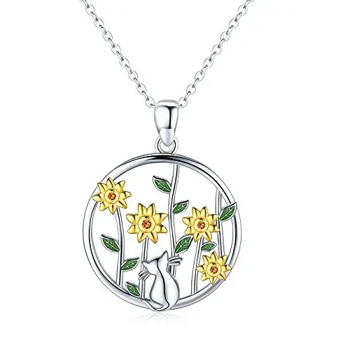 Produktbild: Katzen Kette 925 Sterling Silber Tier Anhänger Sonnenblume Katzen Halskette Katzen Schmuck Geschenke für Frauen Mädchen