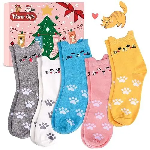 Produktbild: Katzen Socken Damen Weihnachtsgeschenke für Frauen - 5Paar Lustige Socken Teenager Mädchen Geschenke für Frauen Geschenkideen Weihnachten 2024 Nikolaus Geschenke Thermosocken Warm Socken Damen 35-40