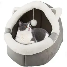 Produktbild: Katzenbetten für den Innenbereich mit hängendem Spielzeug, kleines Hundehöhlenbett mit Anti-Rutsch, Kätzchen-Zelt, abnehmbares gepolstertes Kissen, superweiche