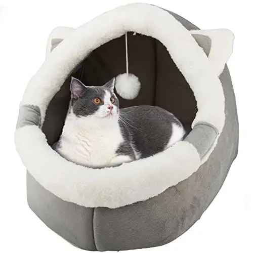 Produktbild: Katzenbetten für den Innenbereich mit hängendem Spielzeug, kleines Hundehöhlenbett mit Anti-Rutsch, Kätzchen-Zelt, abnehmbares gepolstertes Kissen, superweiche