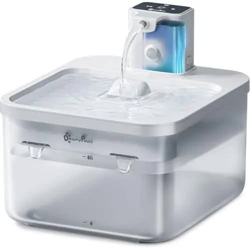 Produktbild: Katzenbrunnen Kabellos, Trinkbrunnen für Katze Kabellos mit Bewegungsmelder, DownyPaws 2.5L Batteriebetrieben Katzentrinkbrunnen, 4000mAh, Leise Ohne Strom, Automatisch Wasserspender Katzen, Weiß