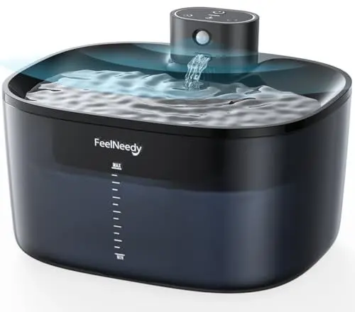 Produktbild: Katzenbrunnen Kabellos mit Bewegungsmelder und Akku 4000mAh Pumpenfreies Design FEELNEEDY 4L Trinkbrunnen für Katze Ohne Strom Batteriebetrieben Wasserautomat für Katzen Leise Wasserbrunnen Schwarz