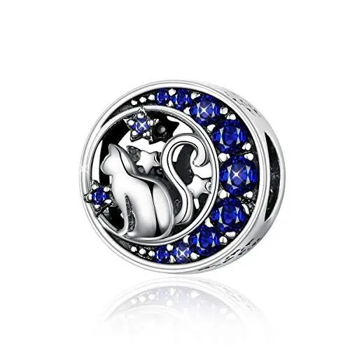 Produktbild: Katzen-Charm, 925er-Sterlingsilber, Tier, Stern, Mond, Blau, Zirkonia, kompatibel mit Pandora-Armband und Halskette