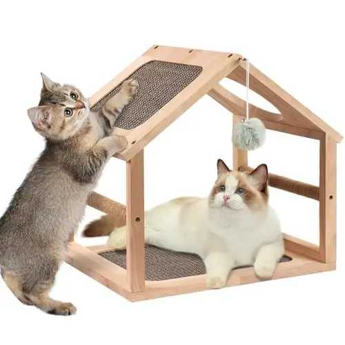 Produktbild: Katzenhaus Holz mit Sisal Kratzbrett, 41cm Lange, LitaiL Katzenhöhle in Hausform, Kratzbretter Katze für Sofaschutz, Kratzhaus aus Massivholz, Cat Scratcher, Grau