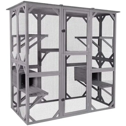 Produktbild: Katzenhaus Outdoor Catio Kitty Gehege mit super großer Eingangstür, Holz-Katzenkäfig Condo Indoor-Laufstall mit Plattformen und kleinem Haus