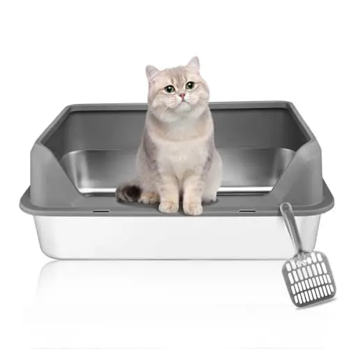 Produktbild: Katzenklo Edelstahl, Halbgeschlossen Katzentoilette Edelstahl 50x35x20cm, Katzenklo Hoher Abnehmbarer Rand, Offene Katzenklo Litter Box Katzenklo Auslaufsicher und Einfache Reinigen Niemals Gerüche