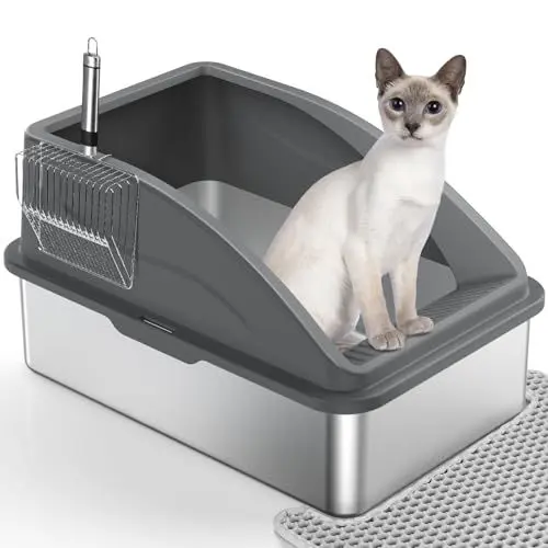 Produktbild: Katzenklo Edelstahl XXL, Katzentoilette Edelstahl 37L Katzenklo Groß mit Katzenstreuschaufel und Doppelschicht Matte, Auslaufsichere XXL Litter Box